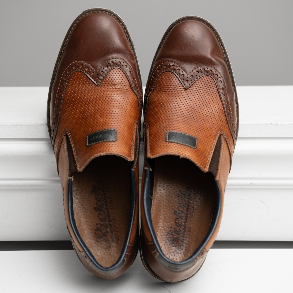 Rieker Mens Dress Shoes Sz 10.5 Brown Leather Wingtip Slip On Two Tone Trendy